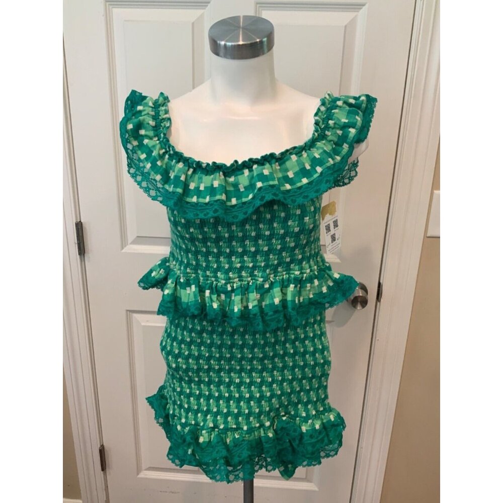 Tularosa Teri Green & White Plaid Peplum Dress W/ Ruffles & Lace, Size Large